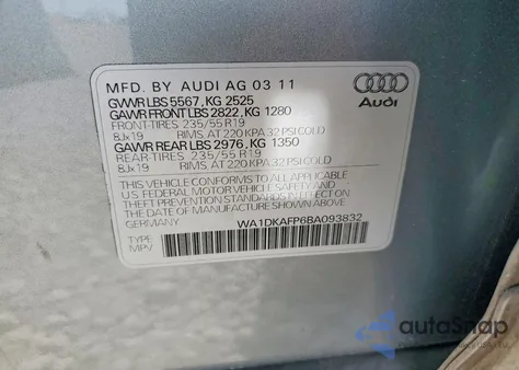 2011 Audi Q5 Premium Plus z USA, uszkodzony, nr VIN WA1DKAFP6BA093832